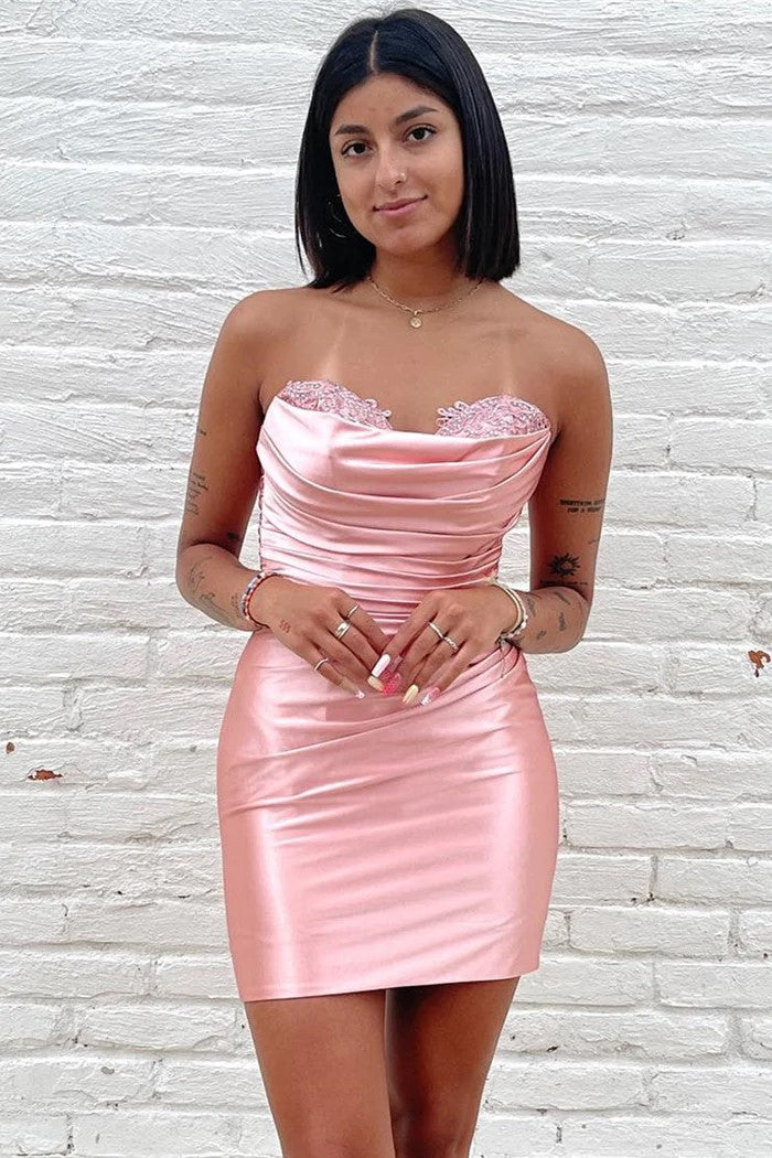 short & sweet strappy satin mini dress in hot pink Strapless Sweetheart Homecoming PD521 US2 / Pink formal hot pink dress
