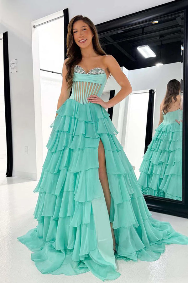 strapless open back dress Strapless Mint Green Ruffle Prom Dress with Slit – FancyVestido main image 0