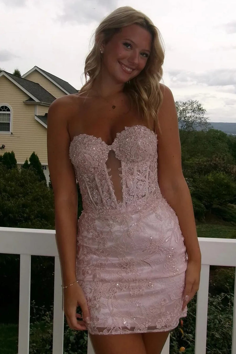 Strapless Sweetheart Lace Appliques Sleeveless Pink Homecoming Dress-Pgmdress