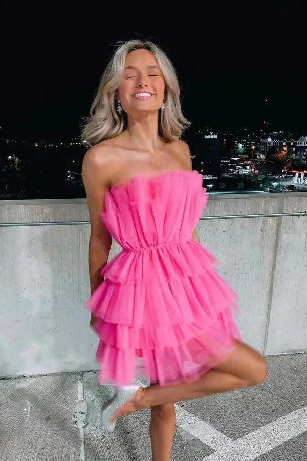 Strapless Tiered Tulle Pink Homecoming Dress Sweet 16 Dress PD556 US12 / Custom Color Strapless Tiered Tulle Pink Homecoming Dress Sweet 16 Dress PD556 US12 / Custom Color