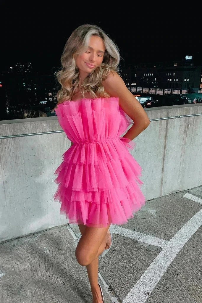 Strapless Tiered Tulle Pink Homecoming Dress Sweet 16 Dress PD556-Pgmdress