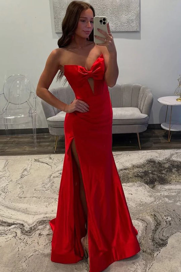 Strapless V-Neck Bow Satin Pleated Slit Red Long Prom Dress PSK675 US0 / Custom Color Strapless V-Neck Bow Satin Pleated Slit Red Long Prom Dress PSK675 US0 / Custom Color