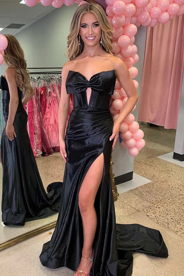 Strapless V-Neck Bow Satin Pleated Slit Red Long Prom Dress PSK675 US6 / Black Strapless V-Neck Bow Satin Pleated Slit Red Long Prom Dress PSK675 US6 / Black