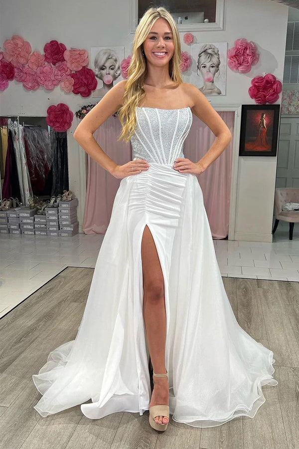 Strapless White Mermaid Long Prom Dresses with Beading PSK574 Custom Size / White