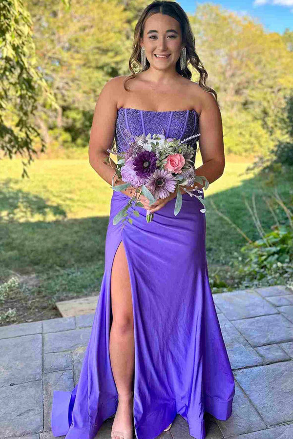 purple and white mermaid prom dress Strapless White Mermaid Long Prom Dresses With Beading PSK574 US4 / Purple