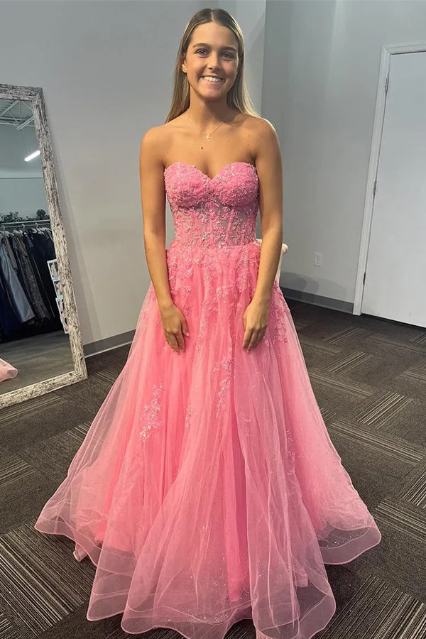 Strapless Sequined Appliques Corset Pink Long Prom Dress PSK625 Pgmdress Strapless Sequined Appliques Corset Pink Long Prom Dress PSK625 Pgmdress