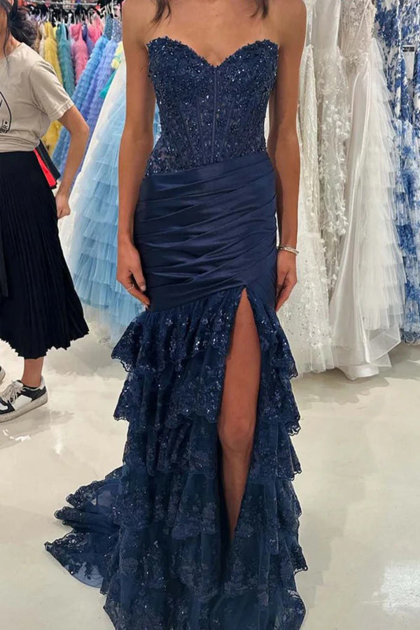 layer strapless mermaid maxi dress Strapless V-Neck Mermaid Pleated Layered Red Long Prom Dress PSK653