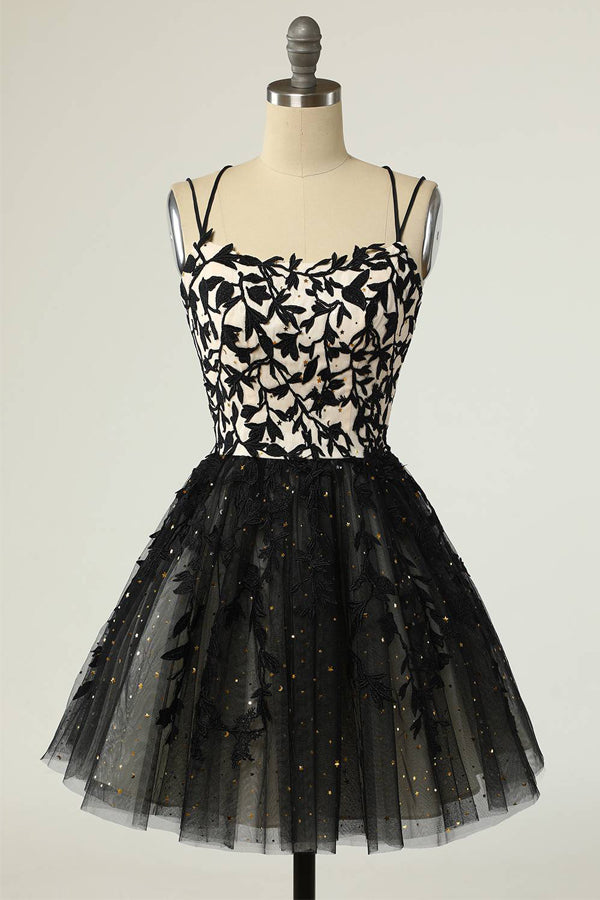 Straps Black Appliques Short Prom Dress Homecoming Dress with Sequins US2 / Black Straps Black Appliques Short Prom Dress Homecoming Dress with Sequins US2 / Black