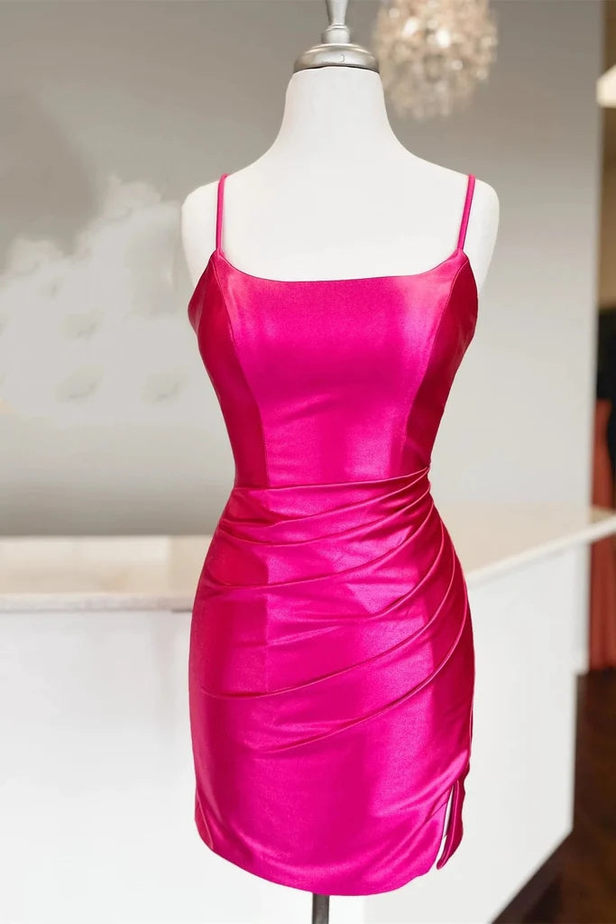 Straps Fuchsia Ruched Bodycon Tight Satin Homecoming Dress PD476 US10 / Fuchsia Straps Fuchsia Ruched Bodycon Tight Satin Homecoming Dress PD476 US10 / Fuchsia