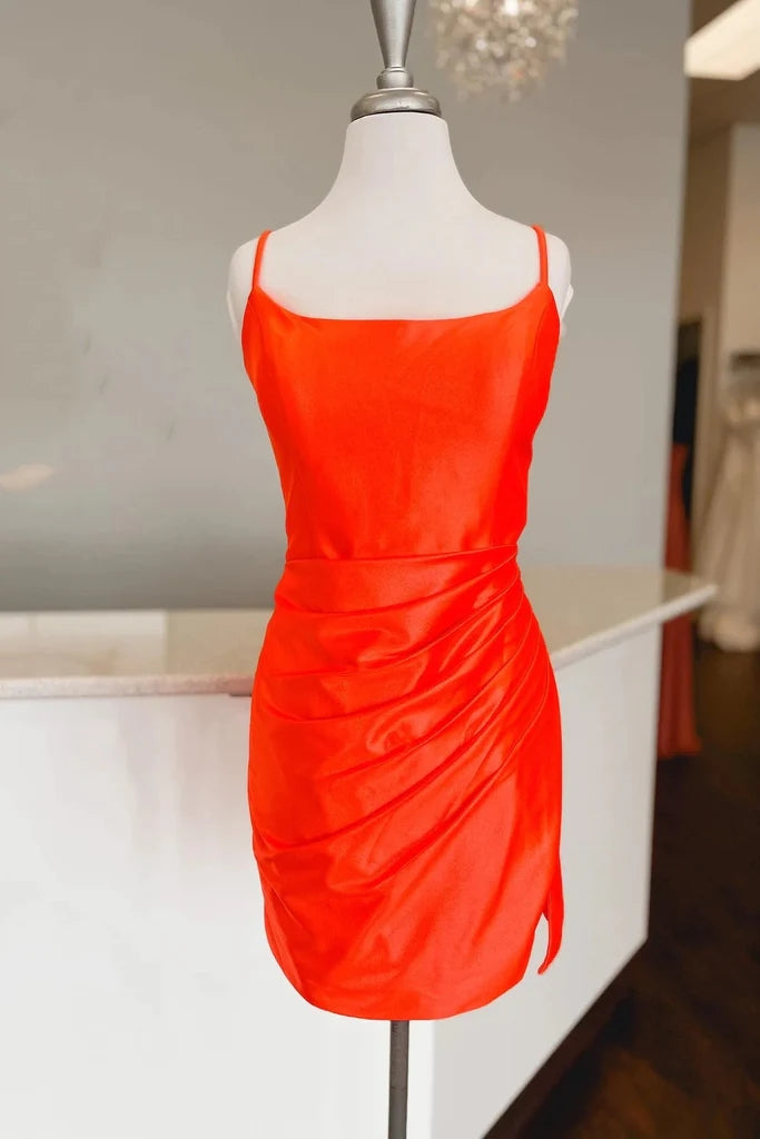 Straps Fuchsia Ruched Bodycon Tight Satin Homecoming Dress PD476-Pgmdress