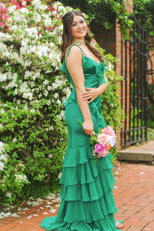 Straps Mermaid Ruffle Tiered Green Long Prom Dress With Slit