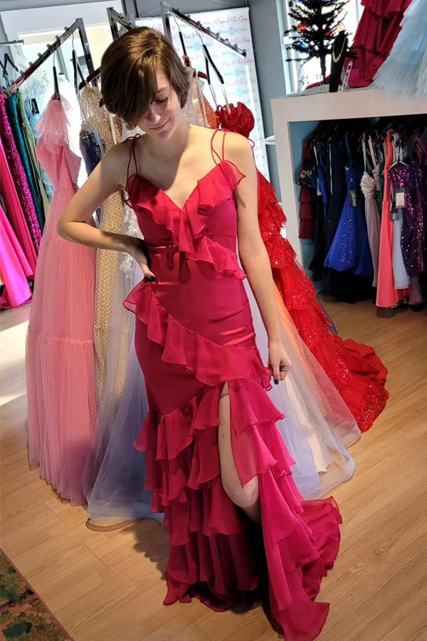 fitted lace wedding dress Straps Mermaid Ruffle Tiered Green Long Prom Dress with Slit PSK609 US12 / Fuchsia