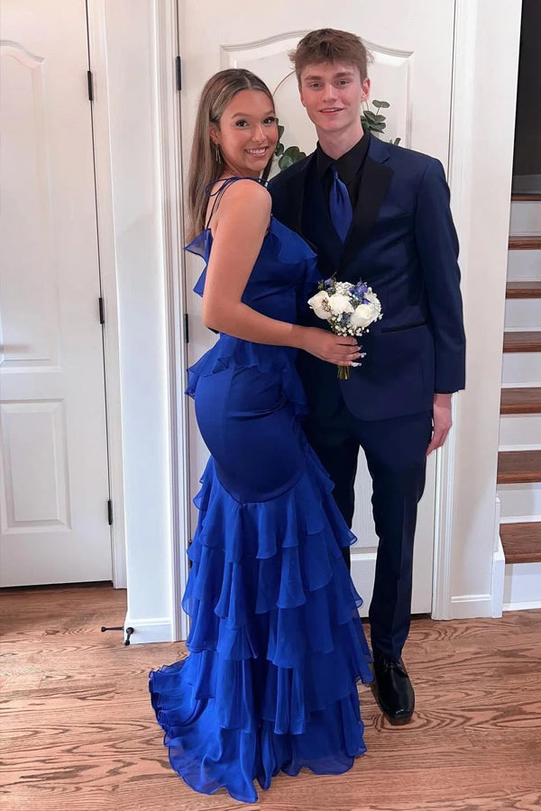 prom dress mermaid ruffle Mermaid Spaghetti Straps Rhinestone Ruffles Long Prom Dress with Slit, Teal / 10
