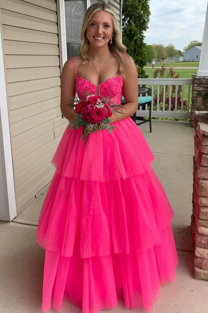 Straps V-Neck Layered Tulle Hot Pink Long Prom Dress Party Dress PSK627-Pgmdress