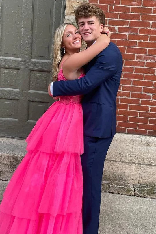 Straps V-Neck Layered Tulle Hot Pink Long Prom Dress Party Dress PSK627-Pgmdress