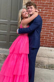 Straps V-Neck Layered Tulle Hot Pink Long Prom Dress Party Dress PSK627-Pgmdress