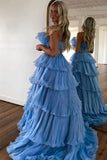 Robe de bal longue à volants et bretelles bleu élégant avec ceinture PSK483
