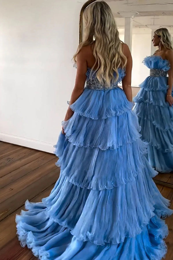 Robe de bal longue à volants et bretelles bleu élégant avec ceinture PSK483