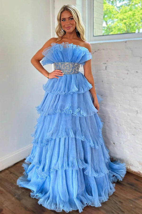 Stylish Blue Strapless A-Line Long Tiered Prom Dress With Belt PSK483 Pgmdress Stylish Blue Strapless A-Line Long Tiered Prom Dress With Belt PSK483 Pgmdress
