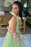 Sweet A-Line Sleeveless Tulle Green Prom Dress WIth Flowers PSK717-Pgmdress
