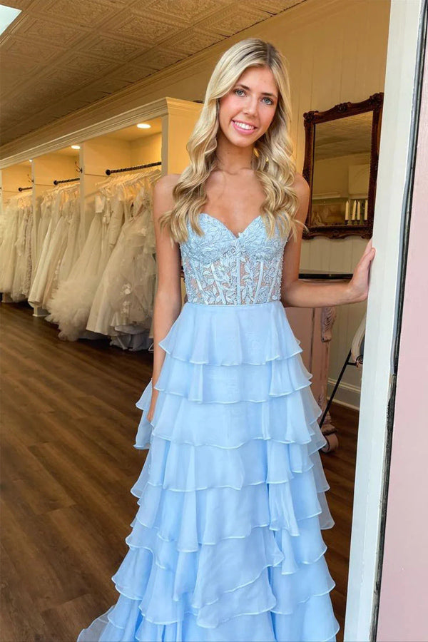 Sweetheart Lace Chiffon Corset Long Prom Dresses Ruffle PSK526 US8 / Blue Sweetheart Lace Chiffon Corset Long Prom Dresses Ruffle PSK526 US8 / Blue