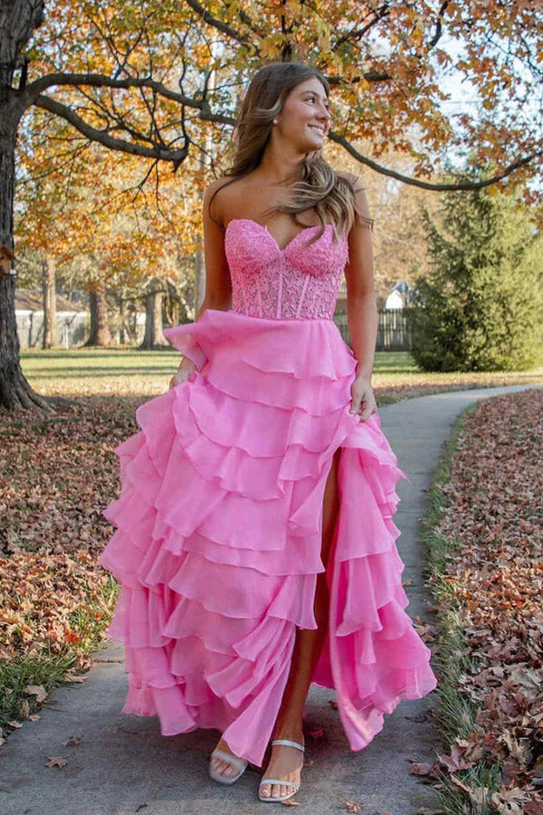 Sweetheart Lace Chiffon Corset Long Prom Dresses Ruffle PSK526 US0 / Hot Pink Sweetheart Lace Chiffon Corset Long Prom Dresses Ruffle PSK526 US0 / Hot Pink