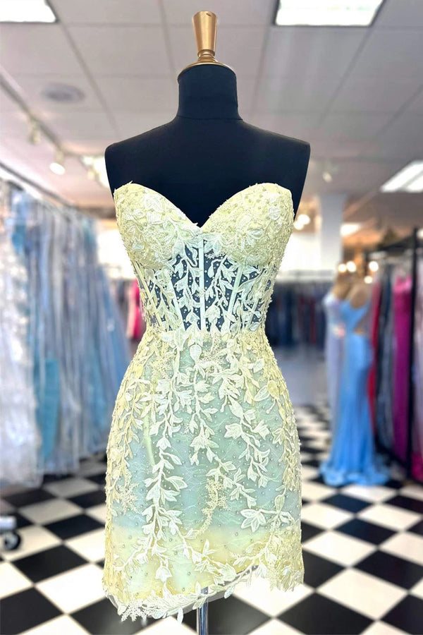 Sweetheart Lace Corset Tight Yellow Homecoming Dress PD565 US2 / Yellow Sweetheart Lace Corset Tight Yellow Homecoming Dress PD565 US2 / Yellow
