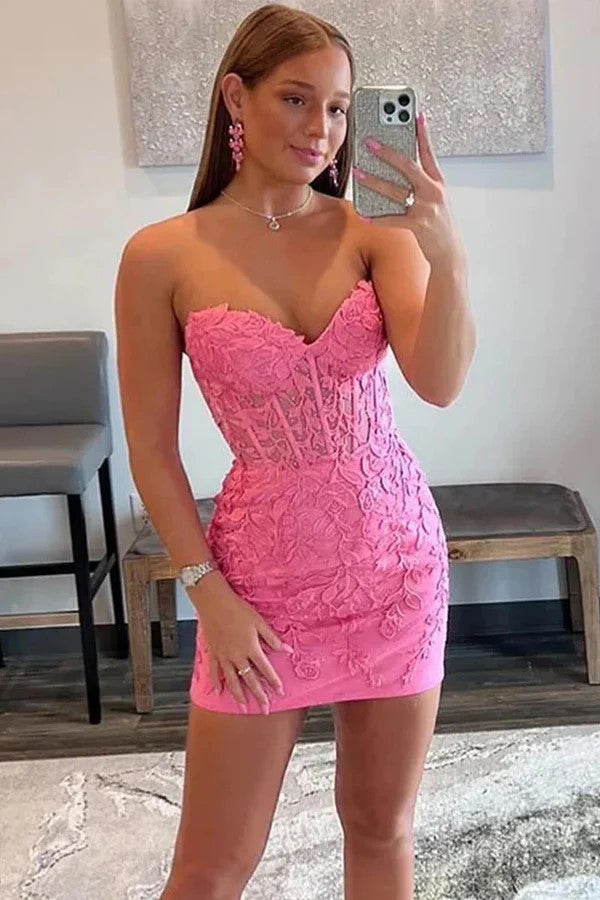 Sweetheart Pink Appliqued Bodycon Homecoming Dress PD517 - US0 / Pink Sweetheart Pink Appliqued Bodycon Homecoming Dress PD517 - US0 / Pink