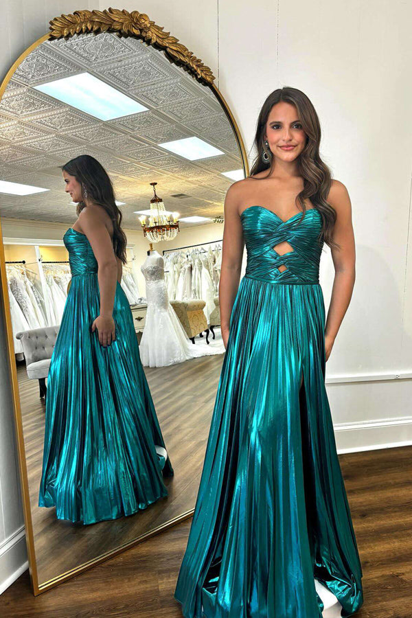 Sweetheart Metallic Pleated Emerald Green Long Prom Dress PSK591-Pgmdress