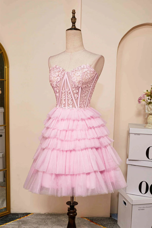 Sweetheart Neck Layered Strapless Pink Homecoming Dress PD514-Pgmdress