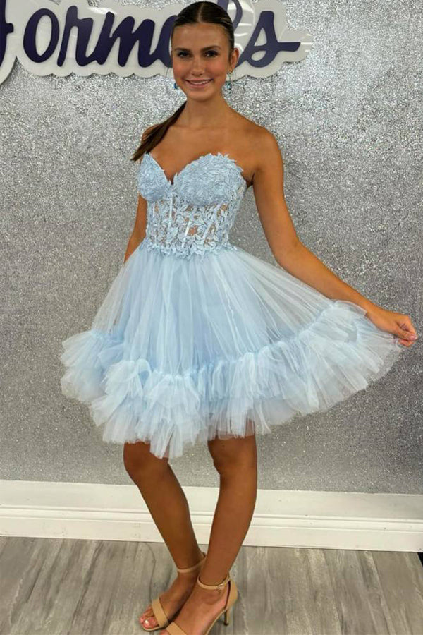 Sweetheart Sheer Corset Ruffle Light Blue Homecoming Dress PD531 US8 / Light Blue