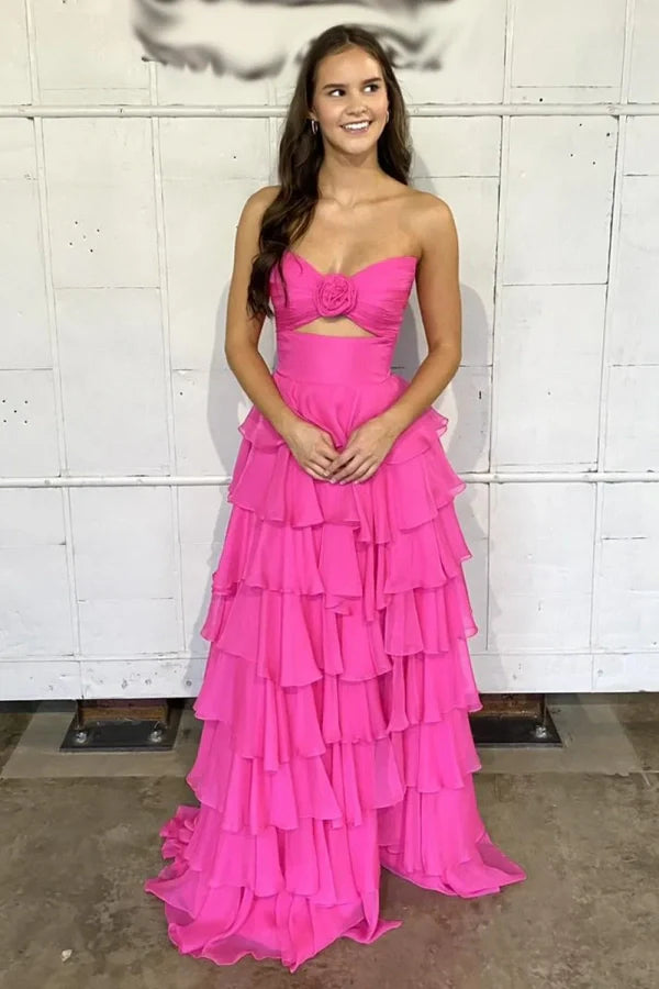 Sweetheart Strapless Chiffon Flower Long Prom Dress with Slit PSK665-Pgmdress