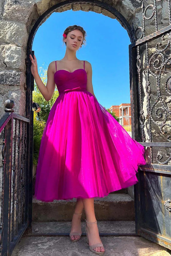 Sweetheart Tea Length Hot Pink Prom Dress Simple Prom Dress PSK565-Pgmdress