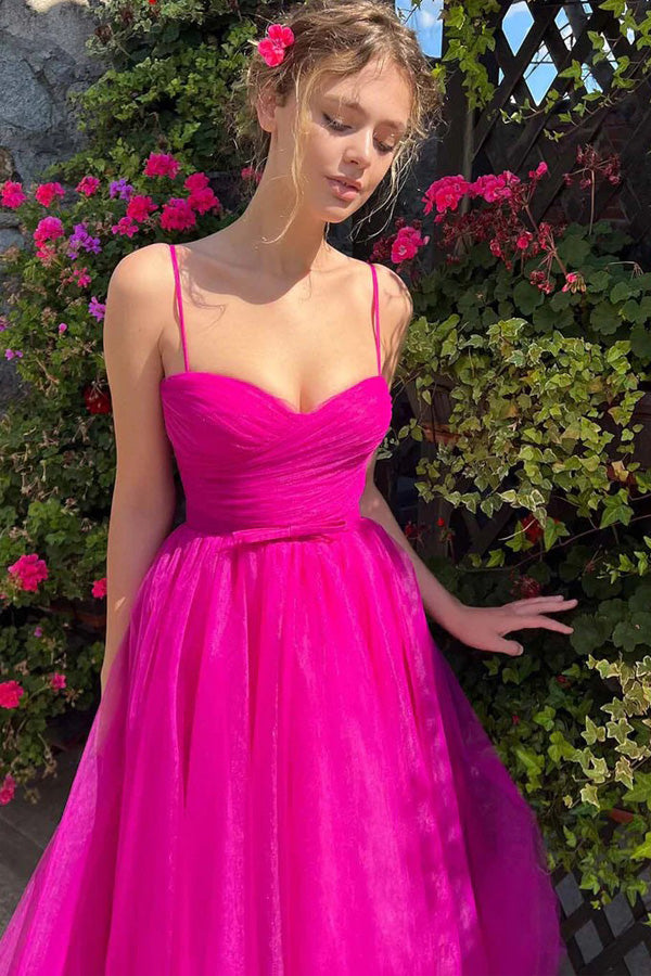 Sweetheart Tea Length Hot Pink Prom Dress Simple Prom Dress PSK565-Pgmdress