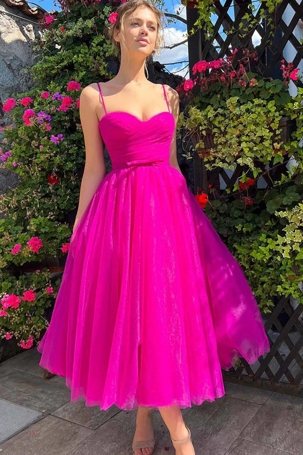 Sweetheart Tea Length Hot Pink Prom Dress Simple Prom Dress PSK565-Pgmdress