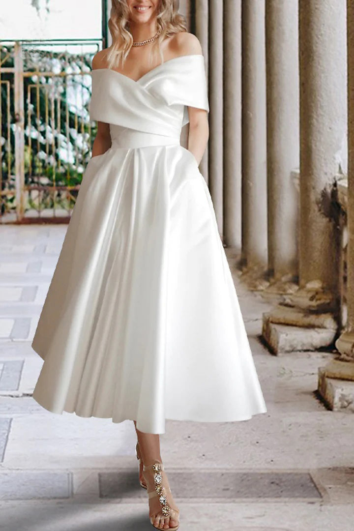 Tea Length Off The Shoulder Beach Satin Wedding Dress with Pockets US2 / Custom Color Tea Length Off The Shoulder Beach Satin Wedding Dress with Pockets US2 / Custom Color