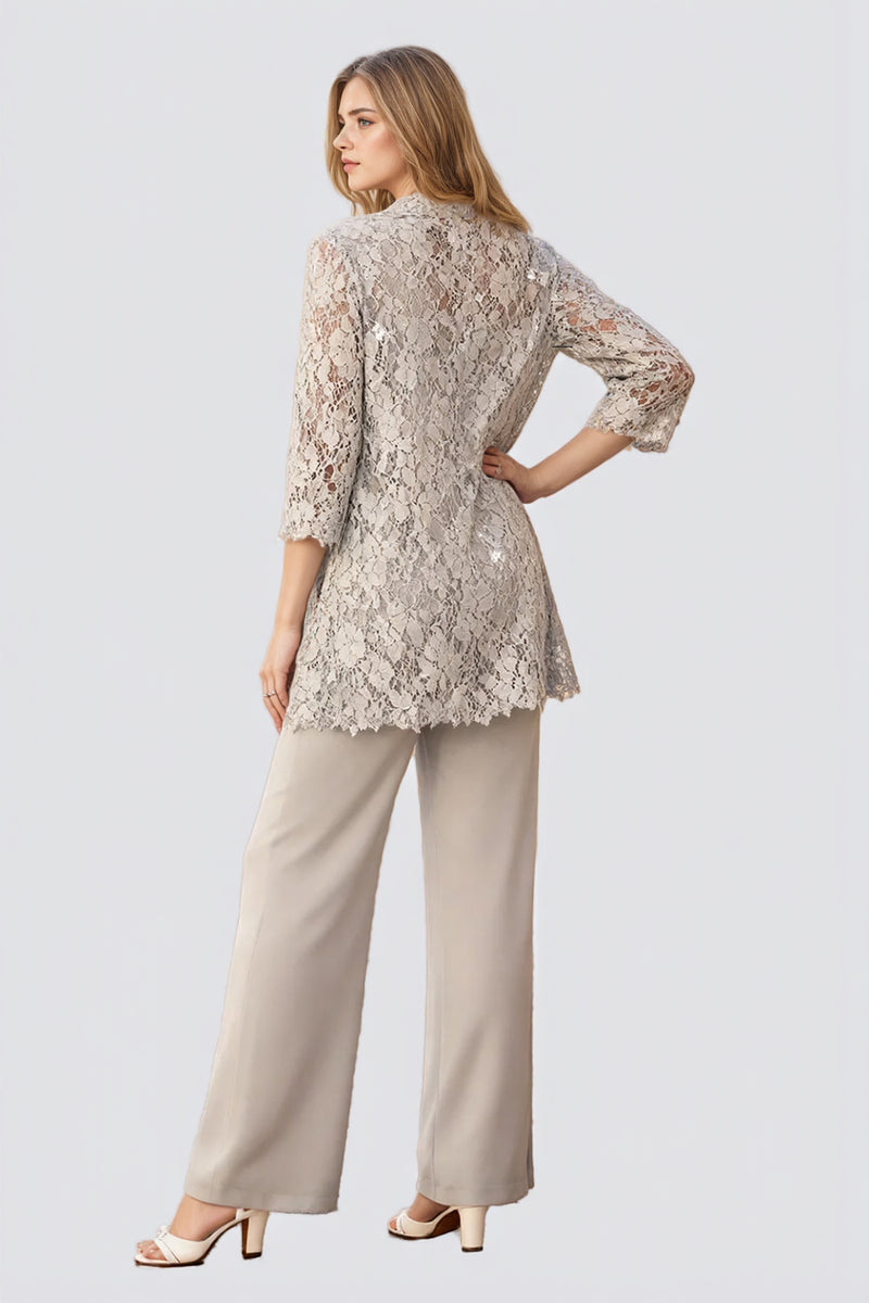 Three Piece Light Grey Round Neck Chiffon Mother of the Bride Dress-Pgmdress