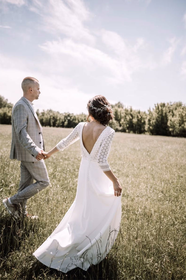 Top Lace Short Sleeve Boat Neck Rustic Wedding Dress Bridal Gown-Pgmdress