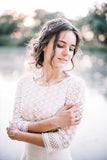 Top Lace Short Sleeve Boat Neck Rustic Wedding Dress Bridal Gown-Pgmdress