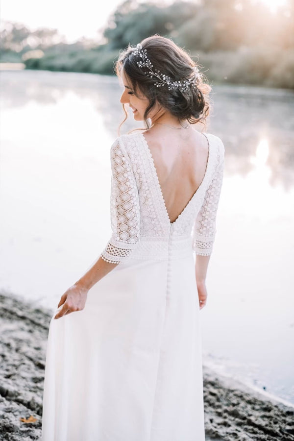 Top Lace Short Sleeve Boat Neck Rustic Wedding Dress Bridal Gown-Pgmdress