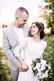 Top Lace Short Sleeve Boat Neck Rustic Wedding Dress Bridal Gown-Pgmdress