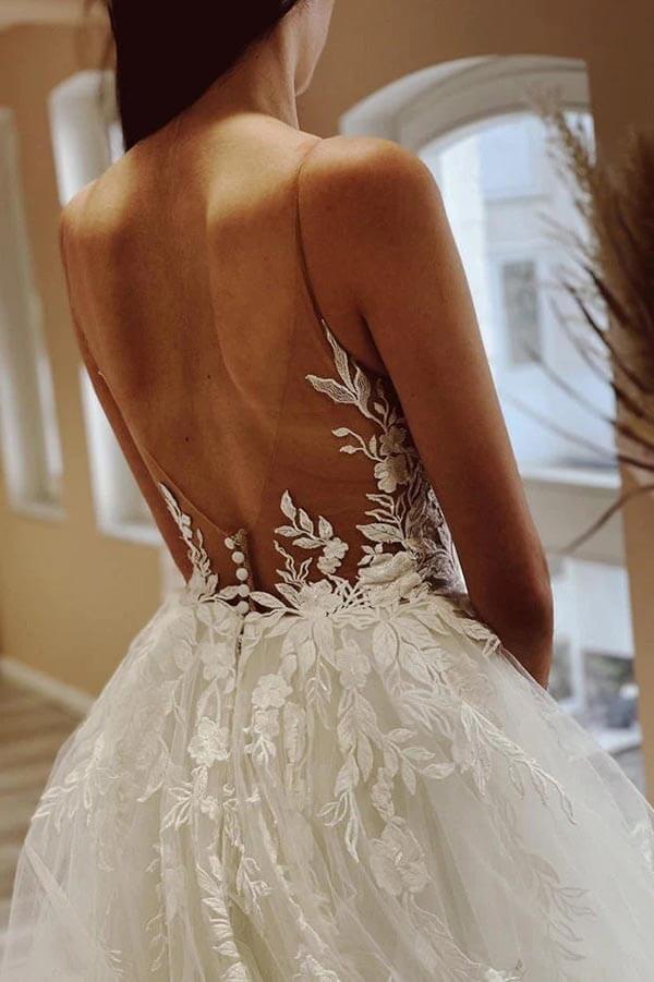 Tulle A-line Sheer Neck Beach Wedding Dress With Lace Appliques WD667-Pgmdress