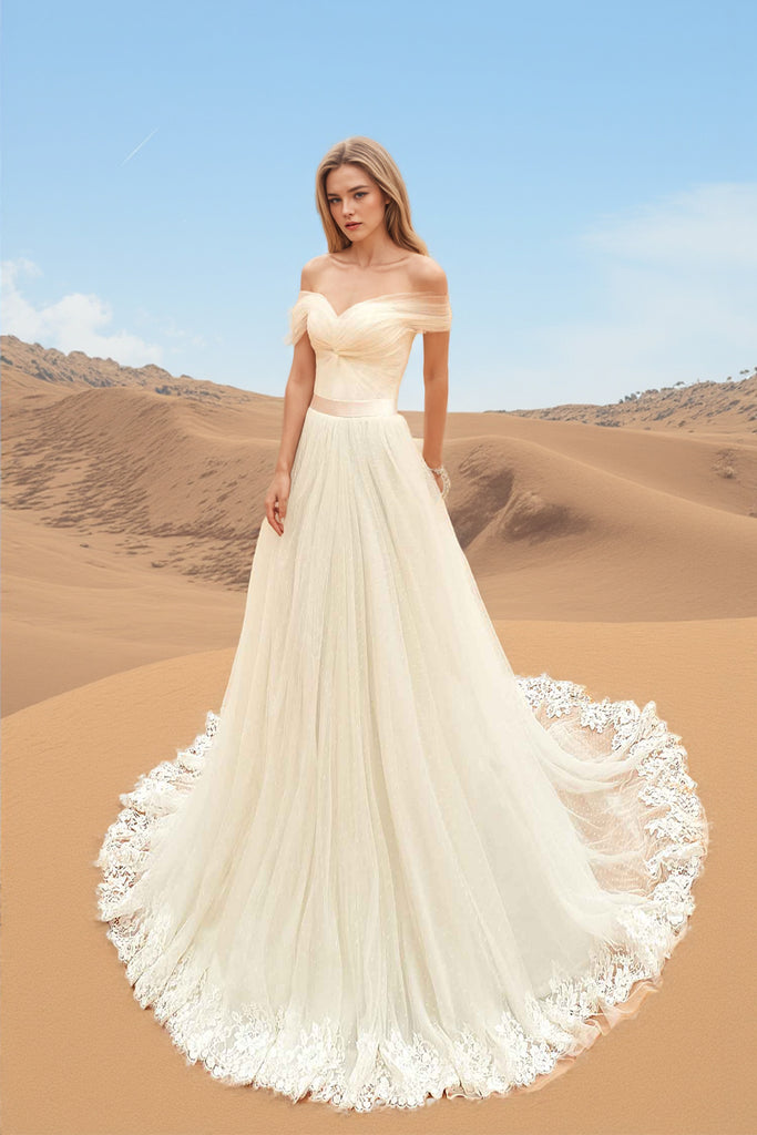 Tulle Off shoulder Neckline Wedding Dress With Lace Appliques WD201-Pgmdress
