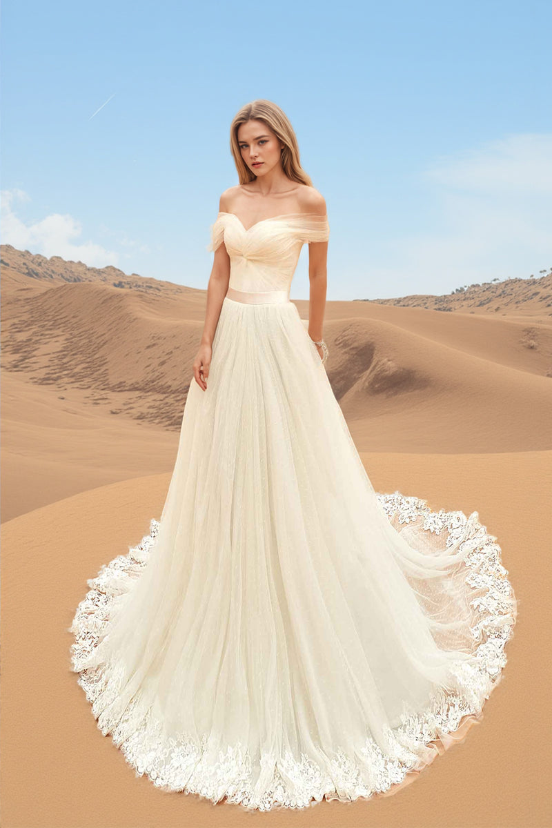Tulle Off shoulder Neckline Wedding Dress With Lace Appliques WD201-Pgmdress