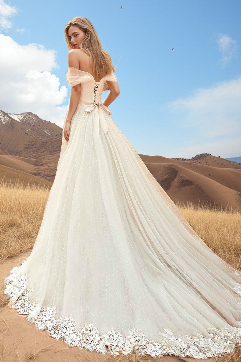 Tulle Off shoulder Neckline Wedding Dress With Lace Appliques WD201-Pgmdress