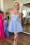 Robe de soirée courte en tulle bleu ciel dos nu avec appliques PD544