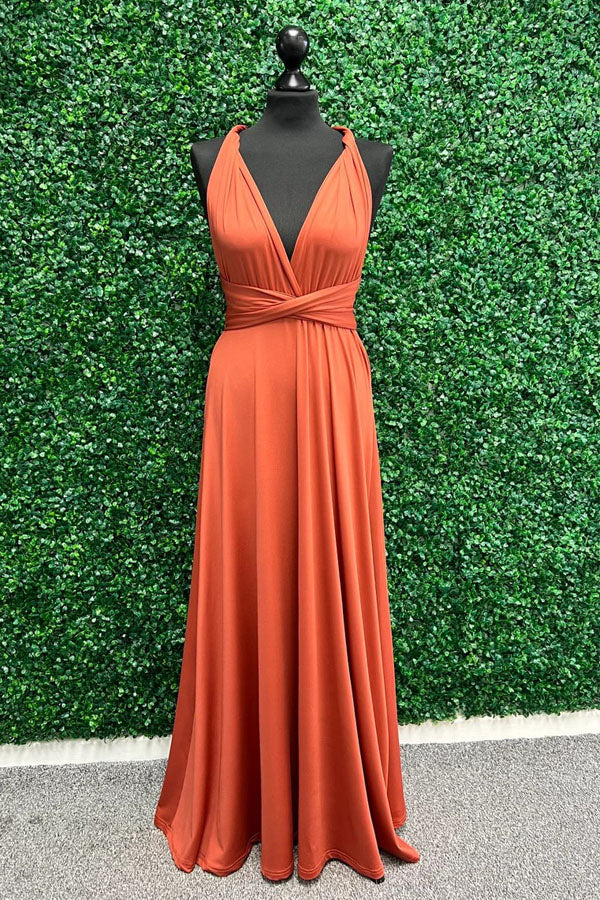 Oranges Brautjungfernkleid mit Twist-Wickelärmeln, langes Brautjungfernkleid BD135