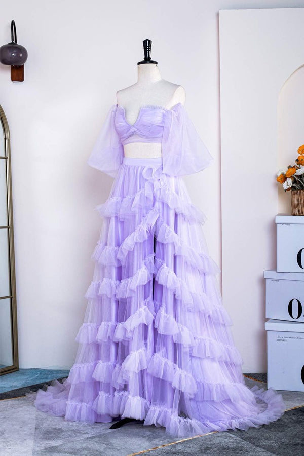 Two Piece Lavender Off the Shoulder Ruffles Prom Dress with Slit PSK469-Pgmdress