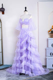 Two Piece Lavender Off the Shoulder Ruffles Prom Dress with Slit PSK469-Pgmdress