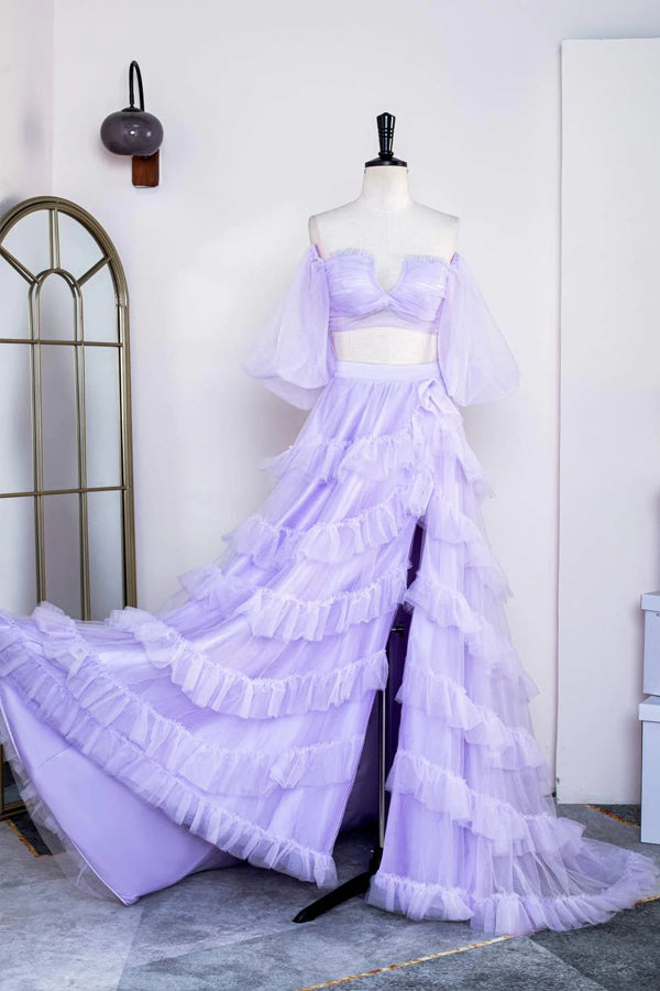 Two Piece Lavender Off the Shoulder Ruffles Prom Dress with Slit PSK469-Pgmdress